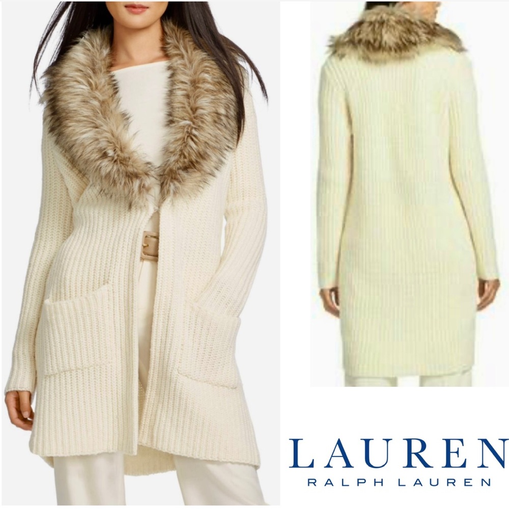 Ralph Lauren Wool Fur Collar Long Cardigan